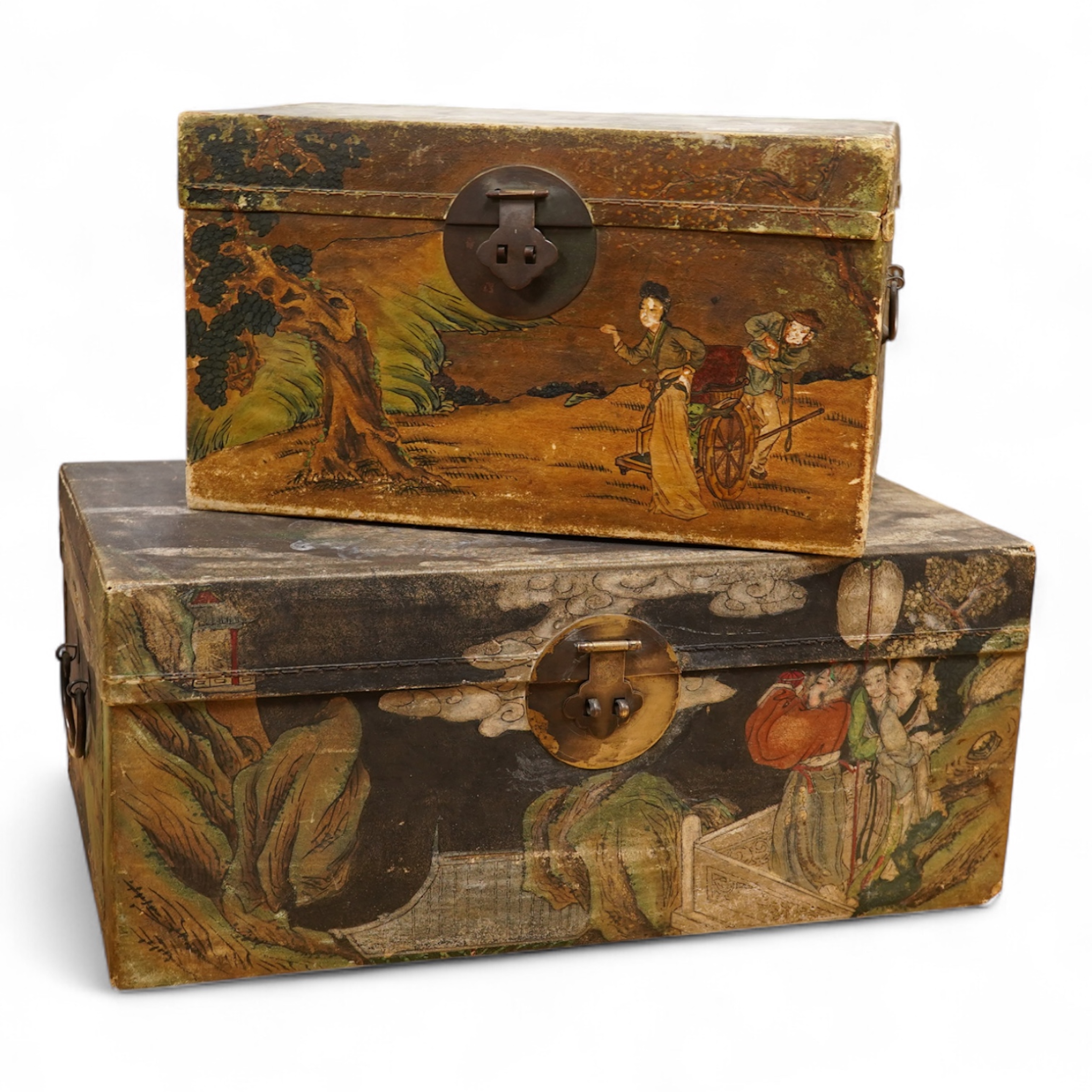 Two Chinese polychrome decorated hide chests, largest 56cm wide